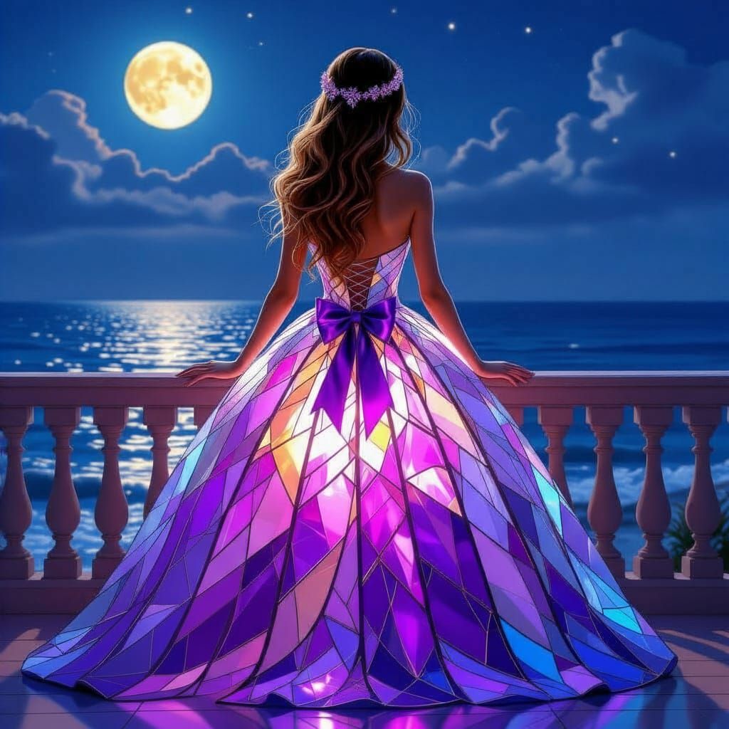 Woman in Stained Glass Gown with Ocean View
