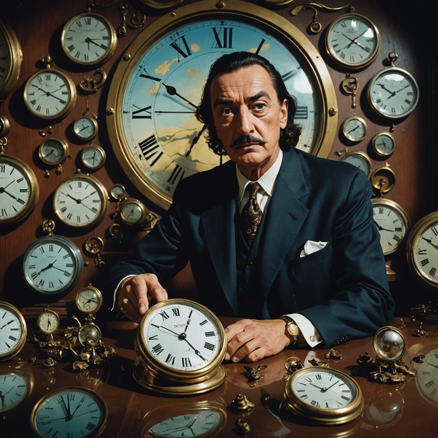 Surreal Portrait with Melting Clocks in Cinematic Style