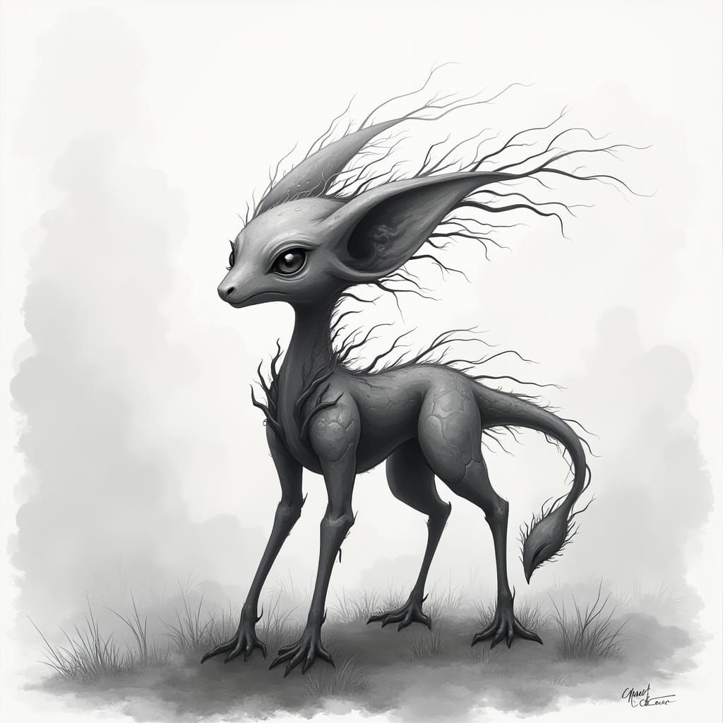 Mystical Black and White Beast in Dreamlike Landscape