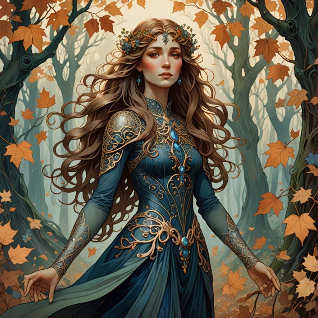 Elegant Autumn Elven Woman in Art Nouveau Style
