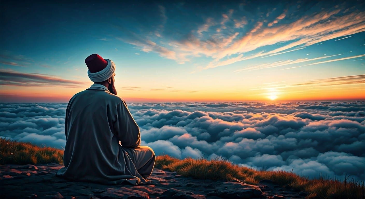 Sufi Saint Gazing at Sunset in Watercolor Style