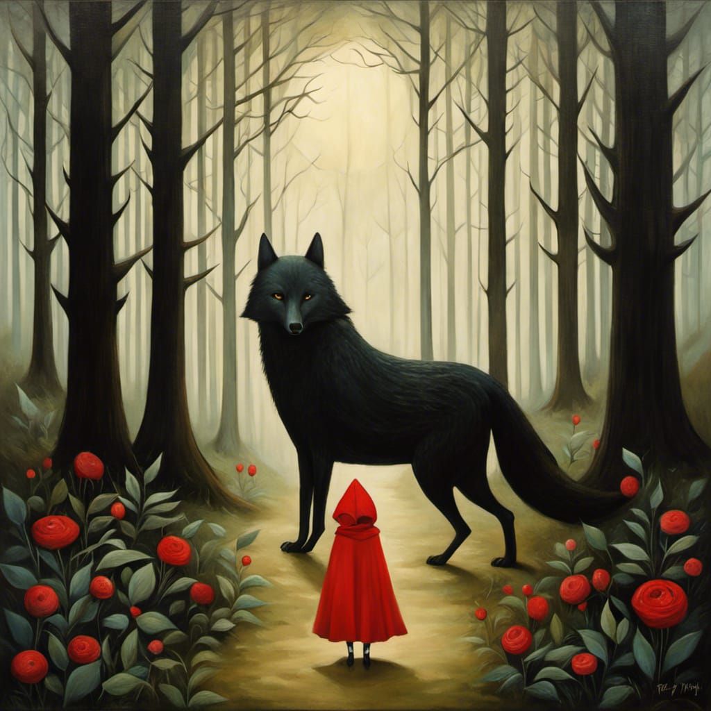 Little Red Riding Hood and Wolf, Surrealist Painting