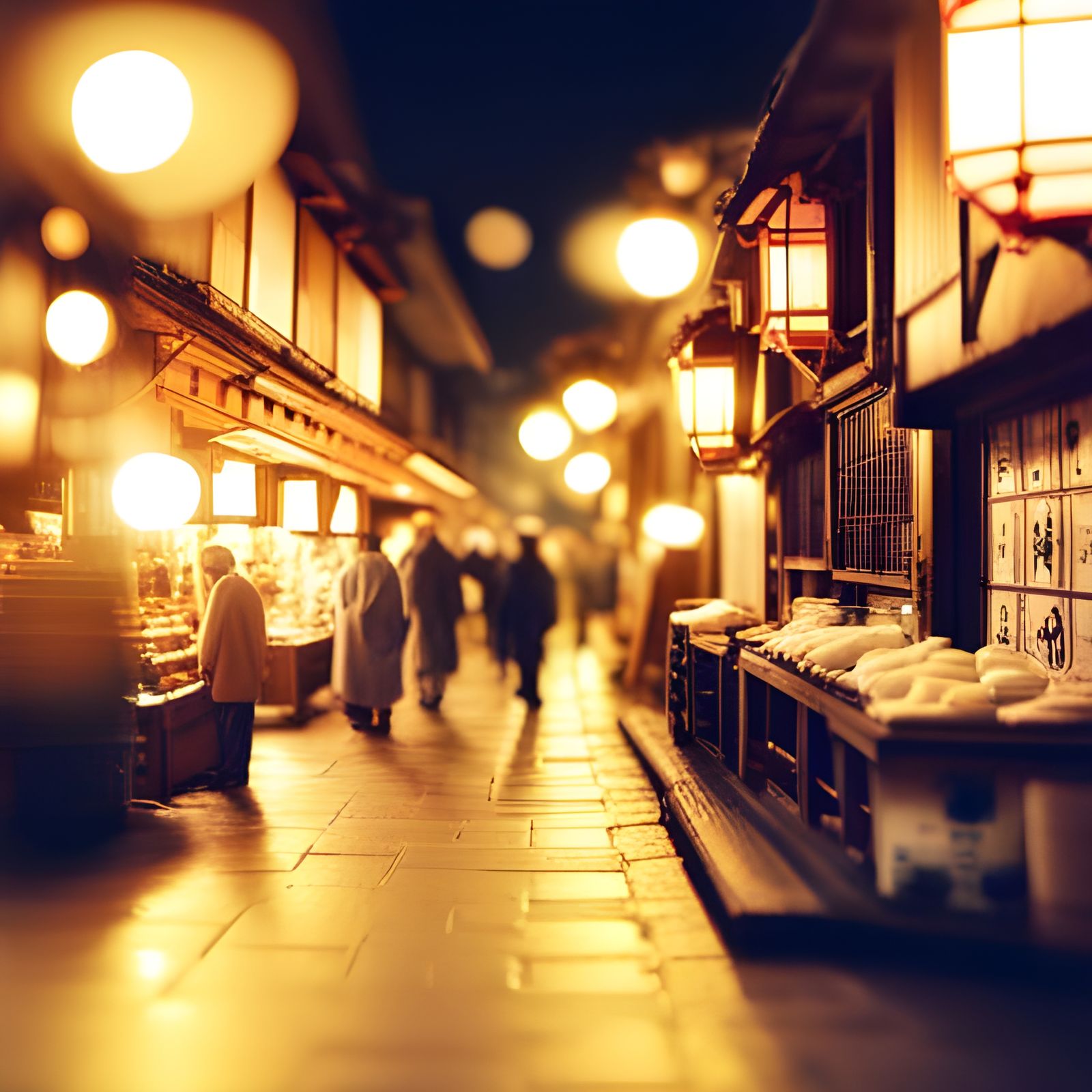 Medieval Japan Market at Night: High-Resolution Photography