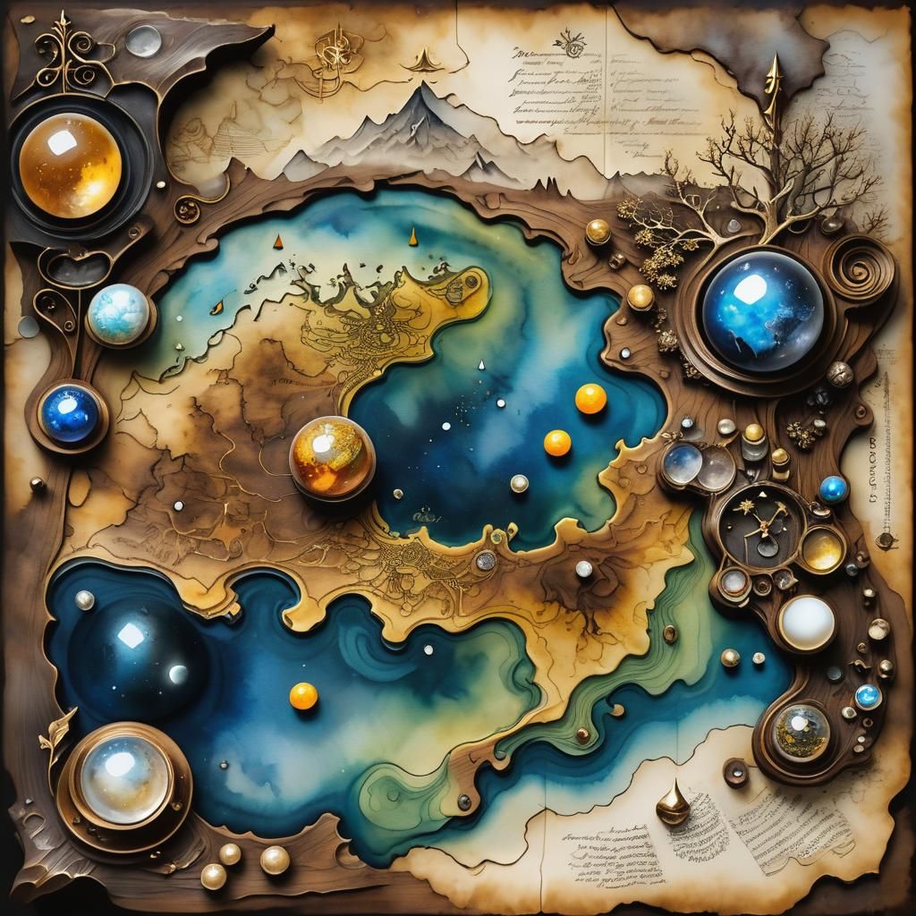 Fantasy Realm Topographical Map in Watercolor and Ink