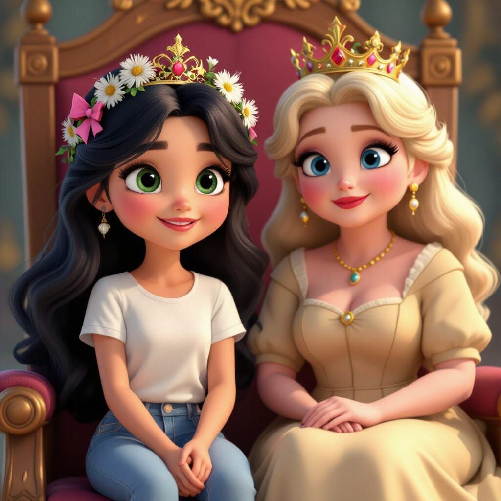 Dark-Haired Princess with Dandelion Wreath on Throne