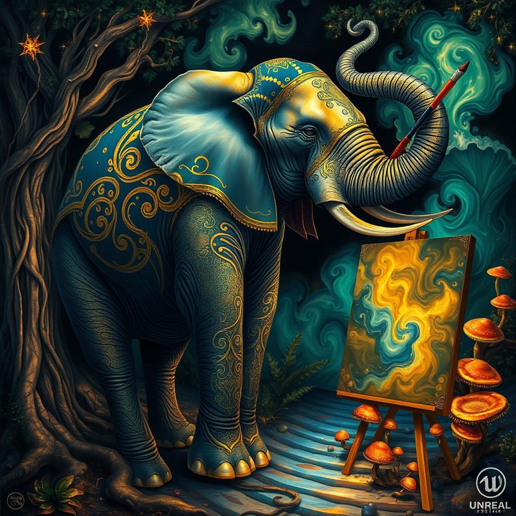 Majestic Elephant Contemplates Artistic Masterpiece in Dream...