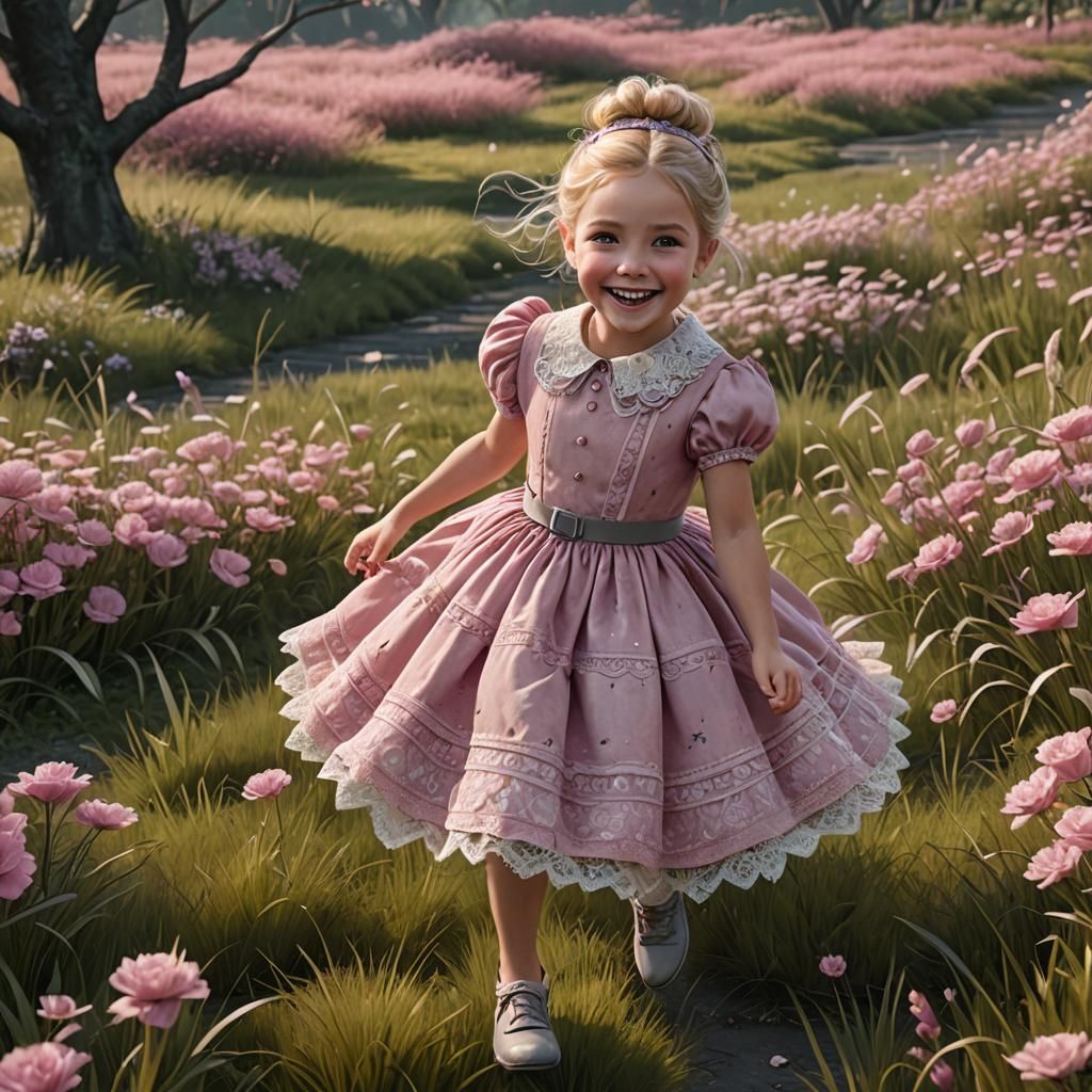 Girl in Pink Dress Running, Fantasy Concept Art