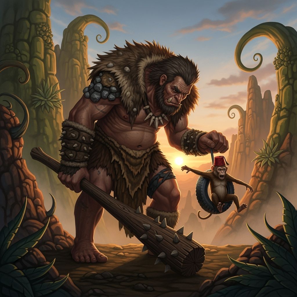 Giant with Monkey in Tire, Fantastical Landscape