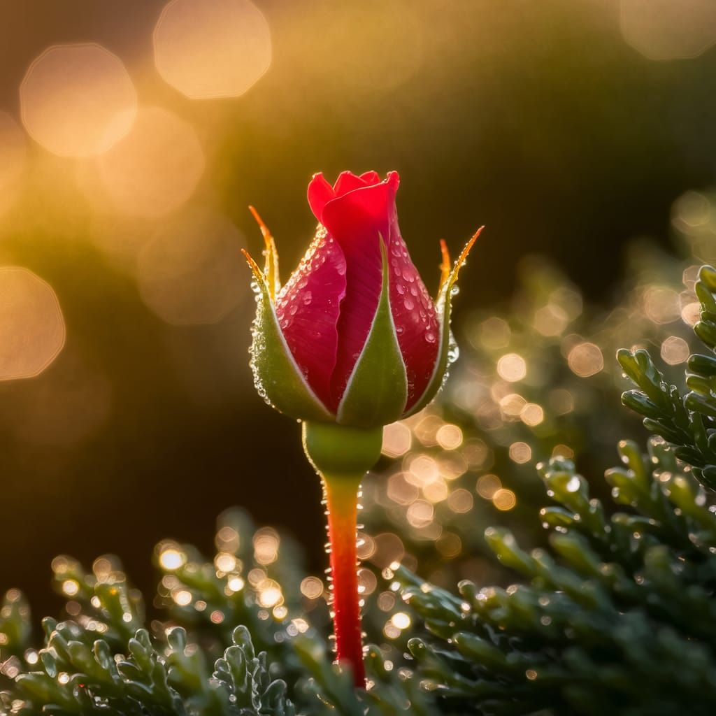 Golden Hour Rosebud in Lush Greenery