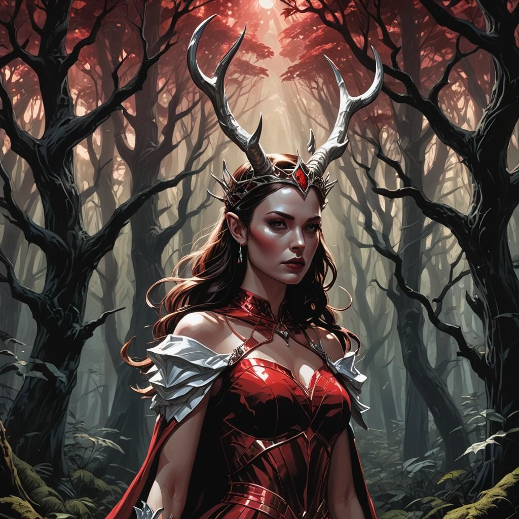 Girl with Horns in Mystical Forest, Comic Book Art