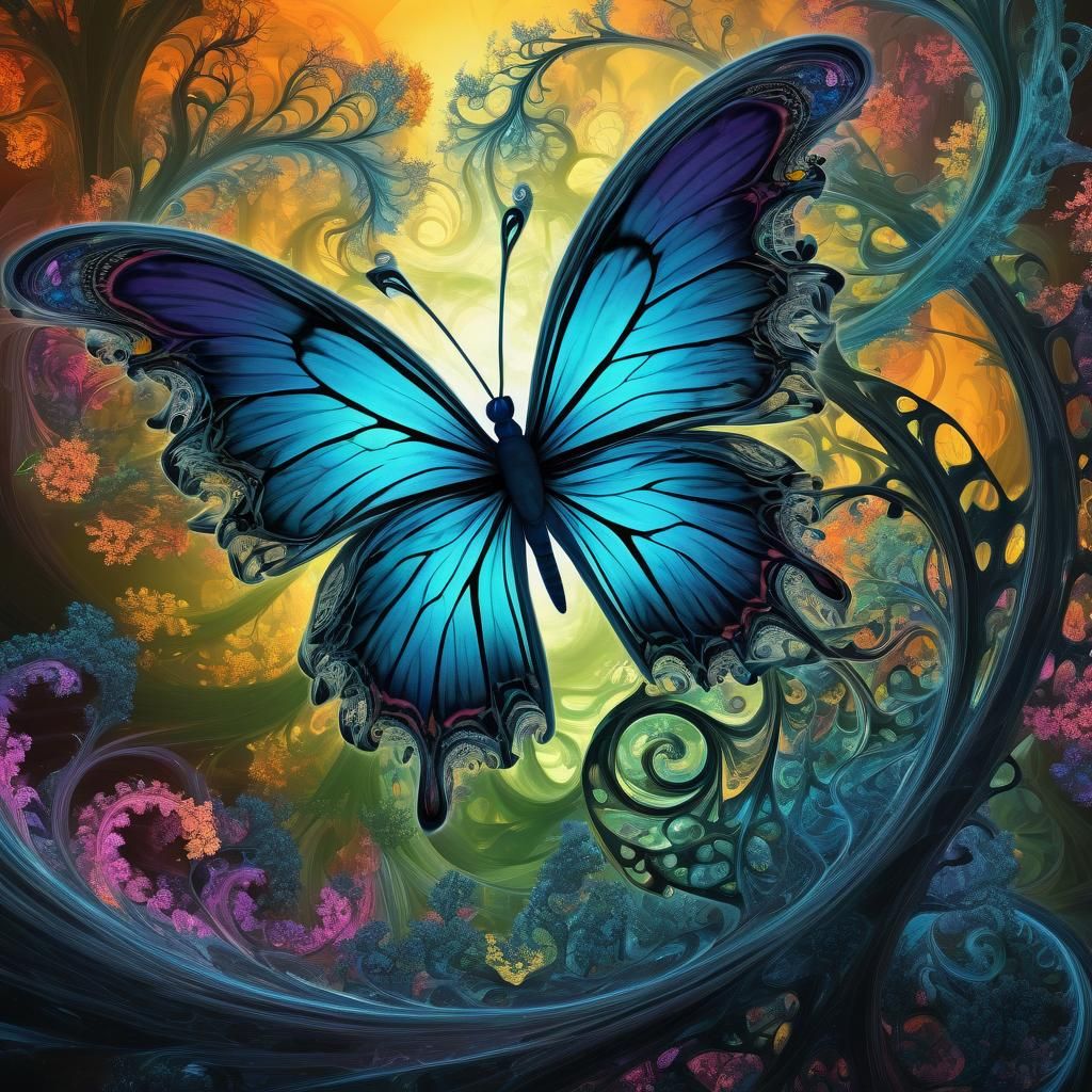 Fractal Smoke Butterfly in Vibrant Landscape