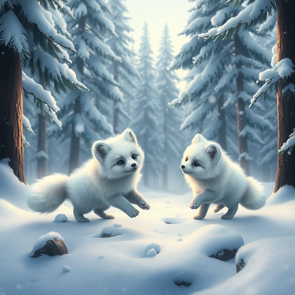 Surreal Arctic Foxes Frolic in Winter Wonderland Scene