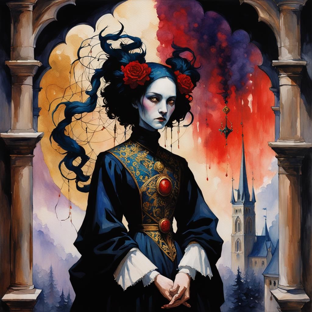 Gothic Romanticism in Deep Color Watercolor