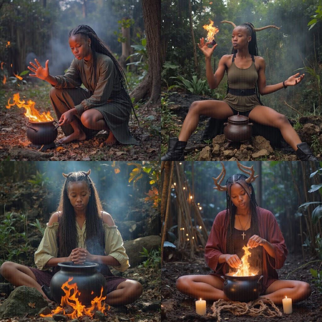 Ancient Druidess Conjure Magic over Enchanted Cauldron in Co...