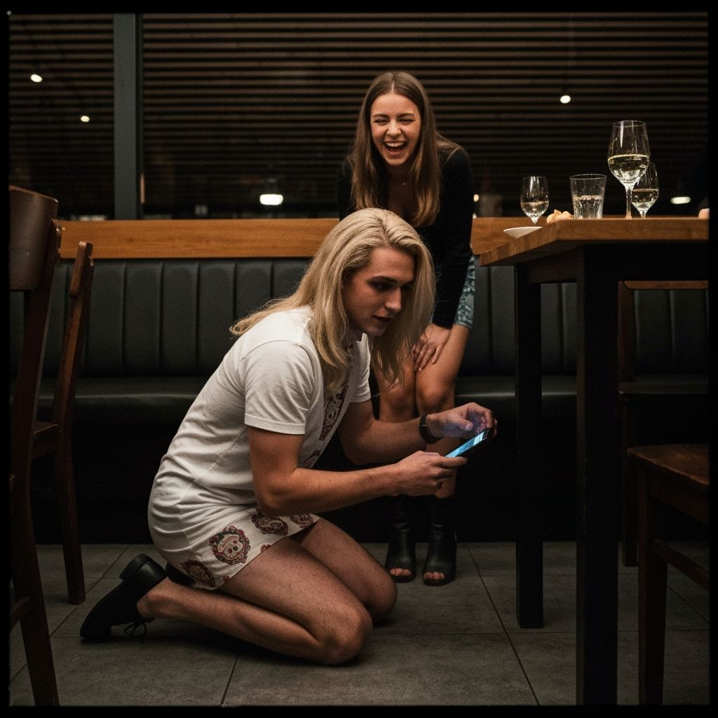 Man in Minidress Searches Under Table for Phone