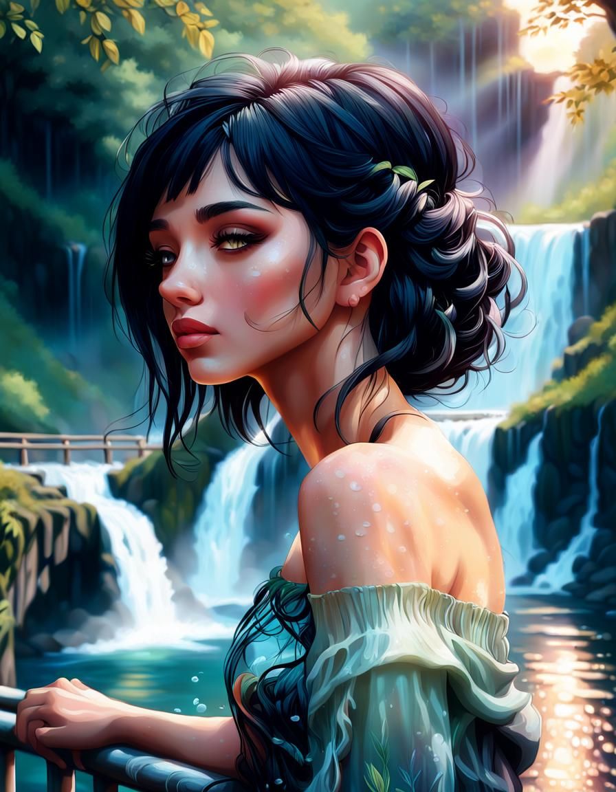 Serene Girl by Waterfall in Soft Sunlight
