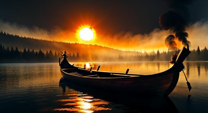 Viking Longboat Amidst Forest Fire