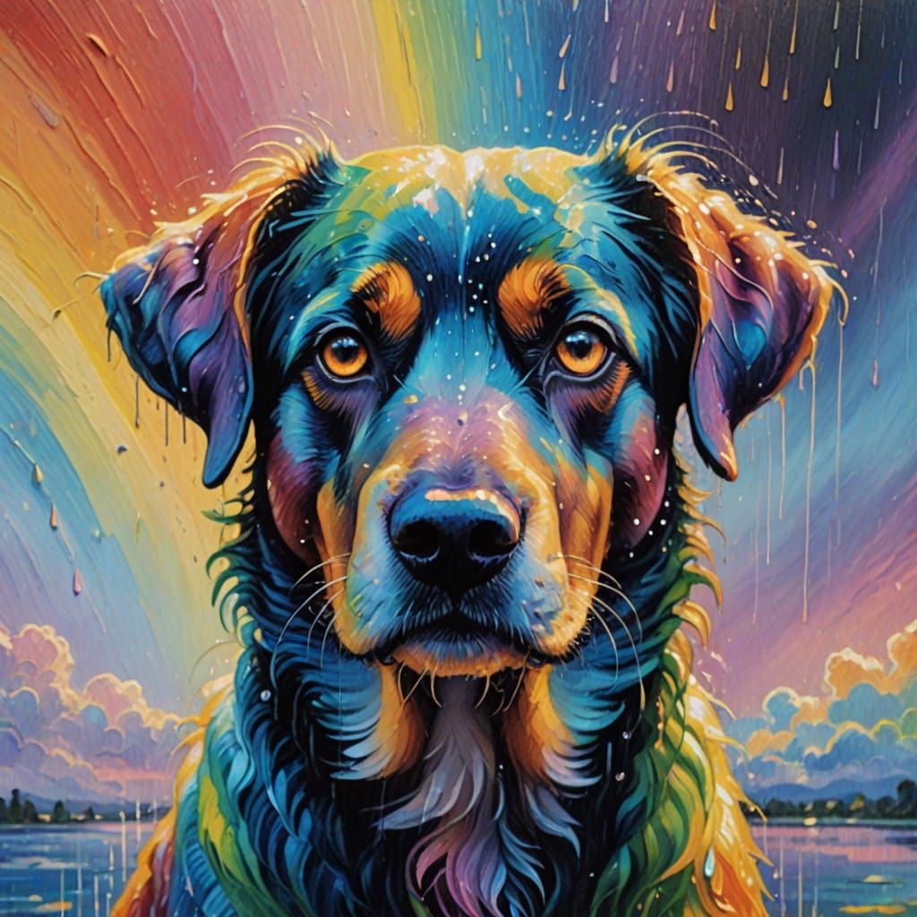Wet Dog Gazing at Rainbow in Impressionistic Style