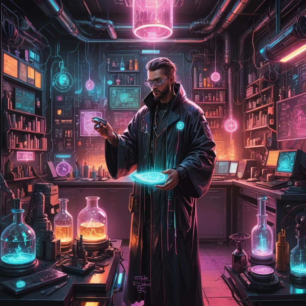 Futuristic Urban Wizard's Lab in Cyberpunk Style