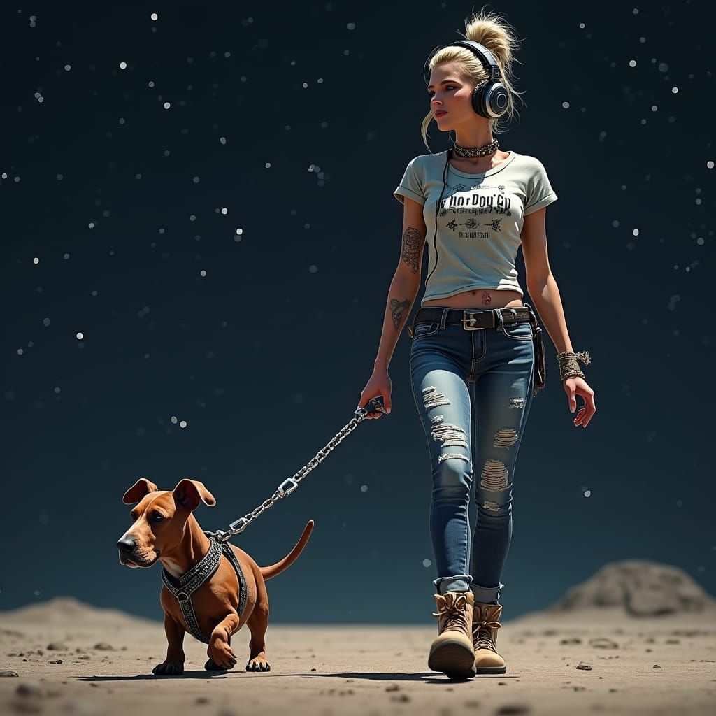 Rocker Chick Walks Dog in Space: Hyperrealistic Style