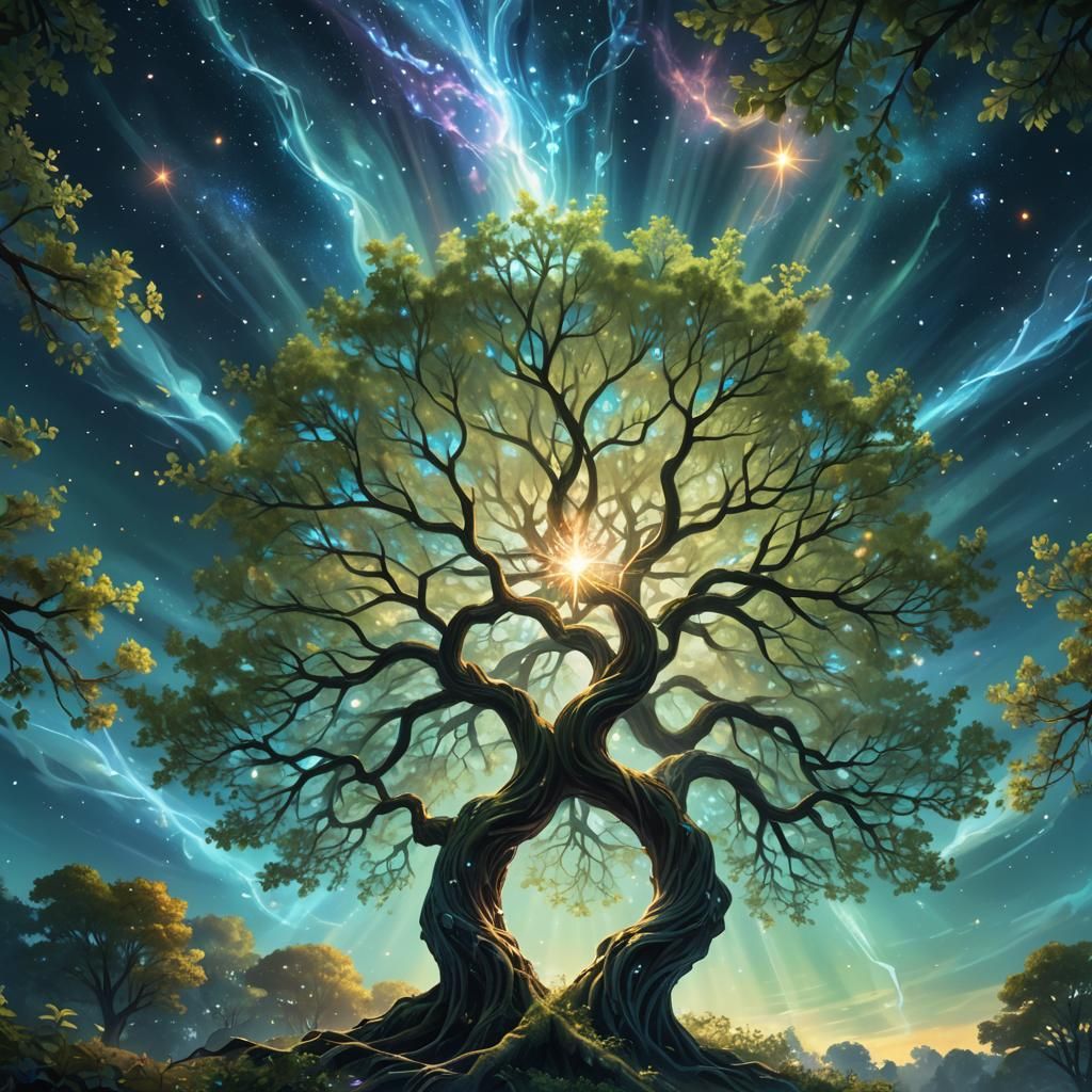Glowing Tree Reaching for Starry Sky: Surreal Digital Art