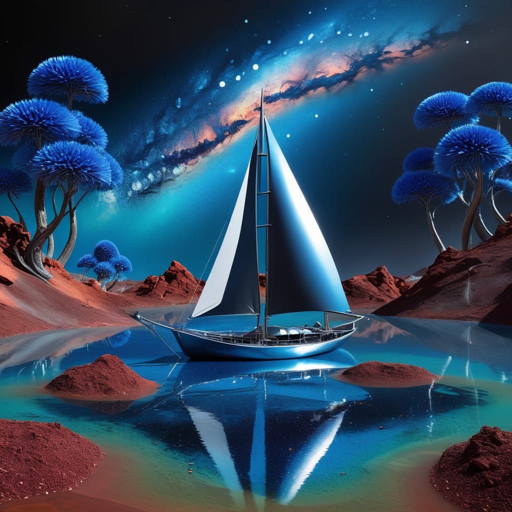 Surreal Blue Sailboat on Alien Planet Under Galaxy
