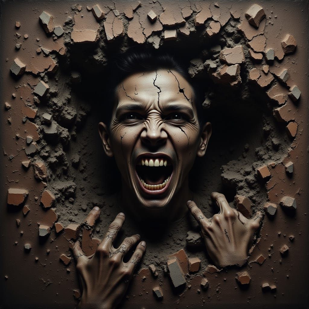 Surreal Face Emerging from Crumbling Wall