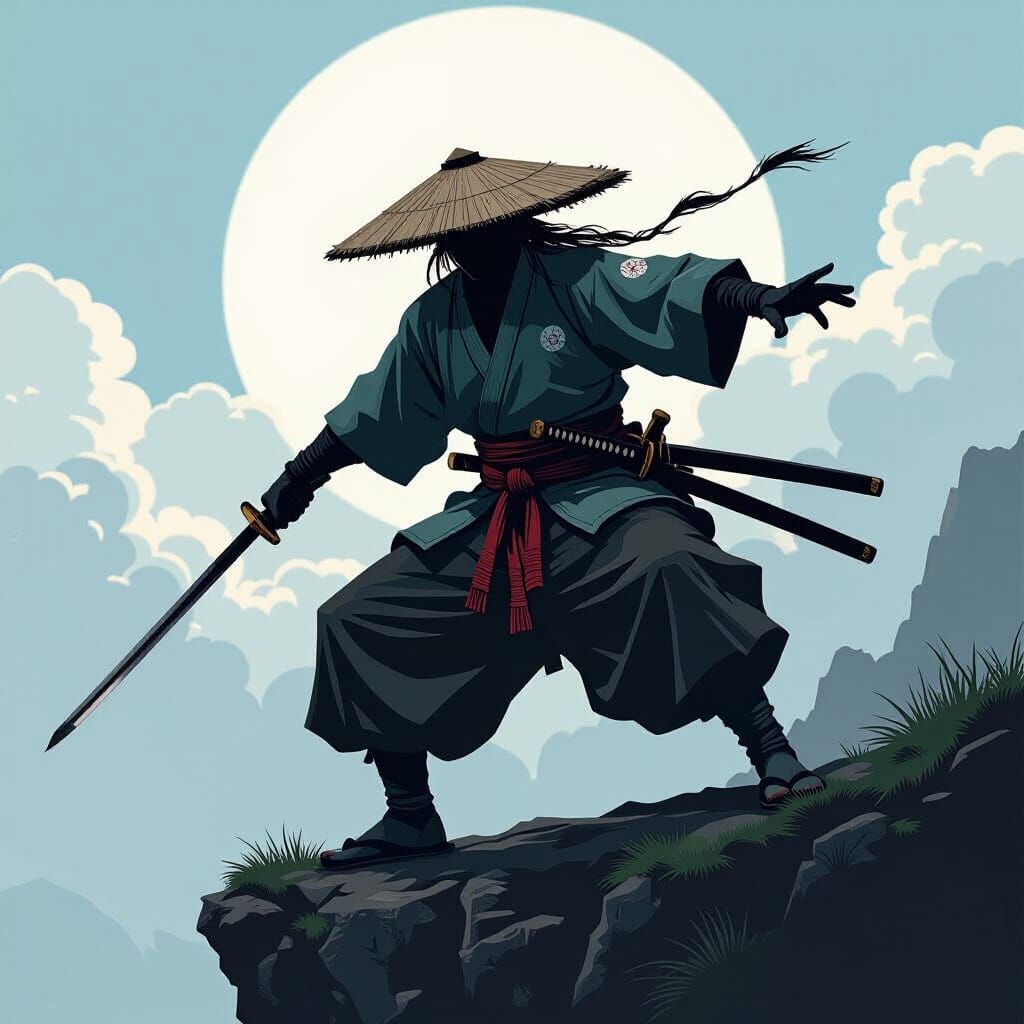 Samurai on Cliff in Dramatic Oil Painting Style
