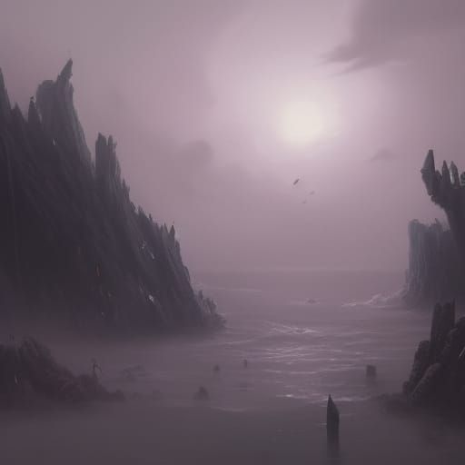 Fantasy Ocean Islands in Mist: Dark Concept Art