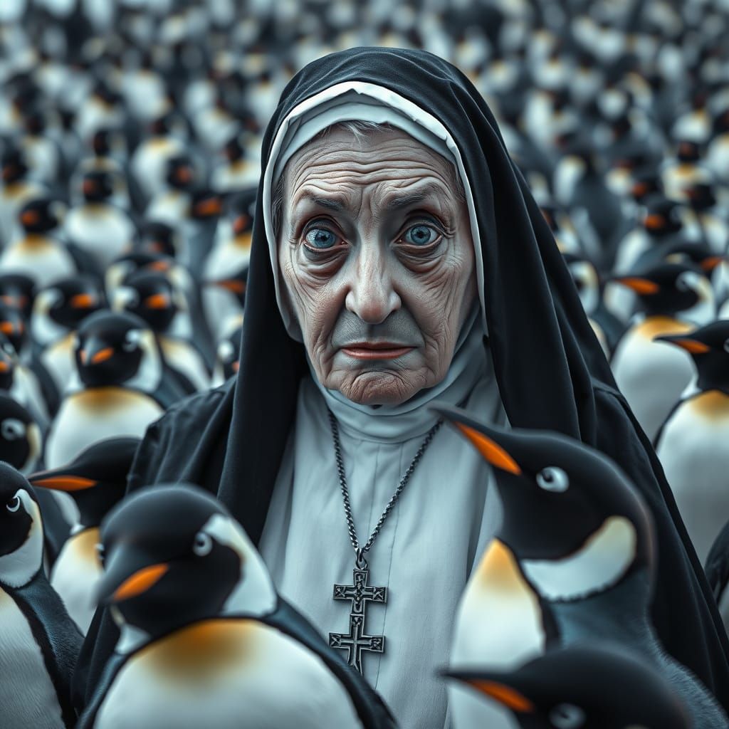 Elderly Nun in Shock Amidst Penguin Colony