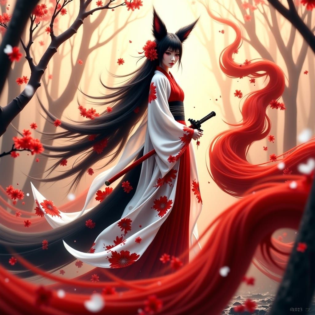 Kitsune in Elegant White and Red Kimono, Surrounded by Mysti...