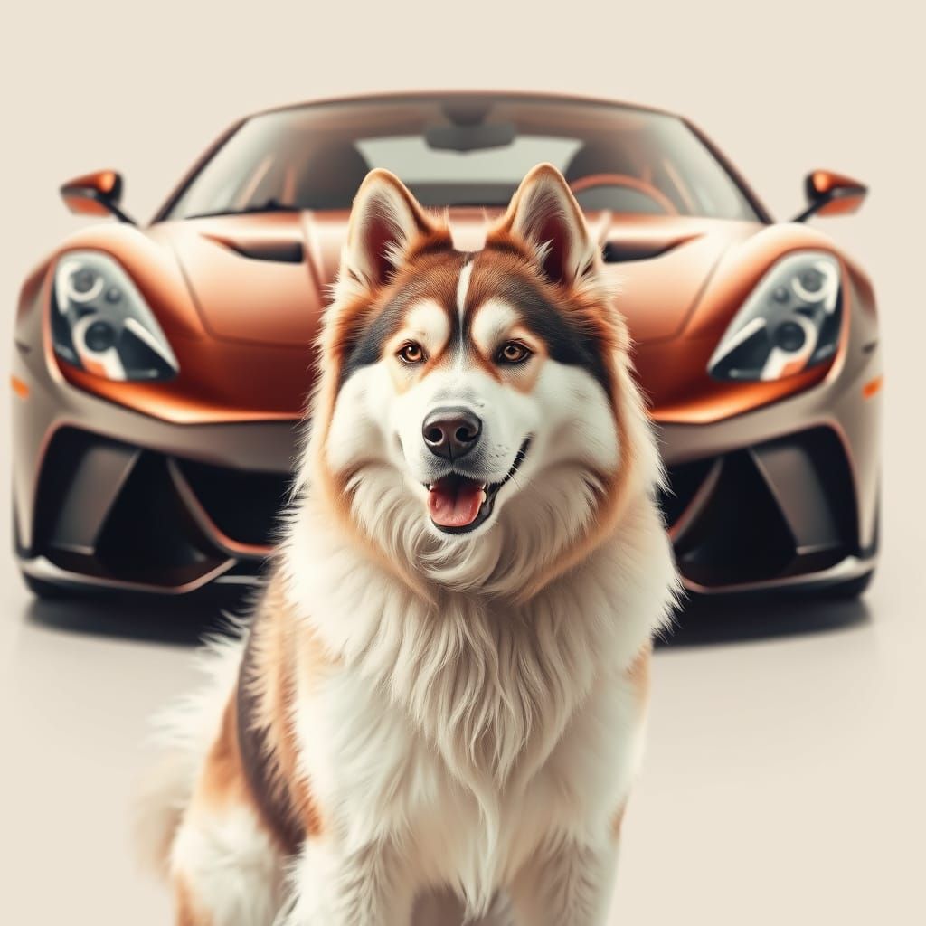 Siberian Dog and Sports Car in Double Exposure Style