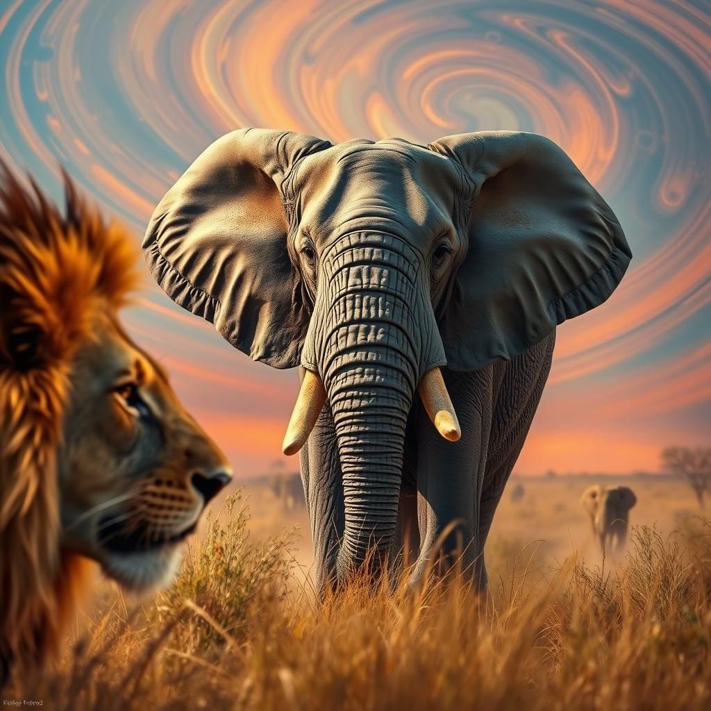 Elephant and Lion on the African Savannah
