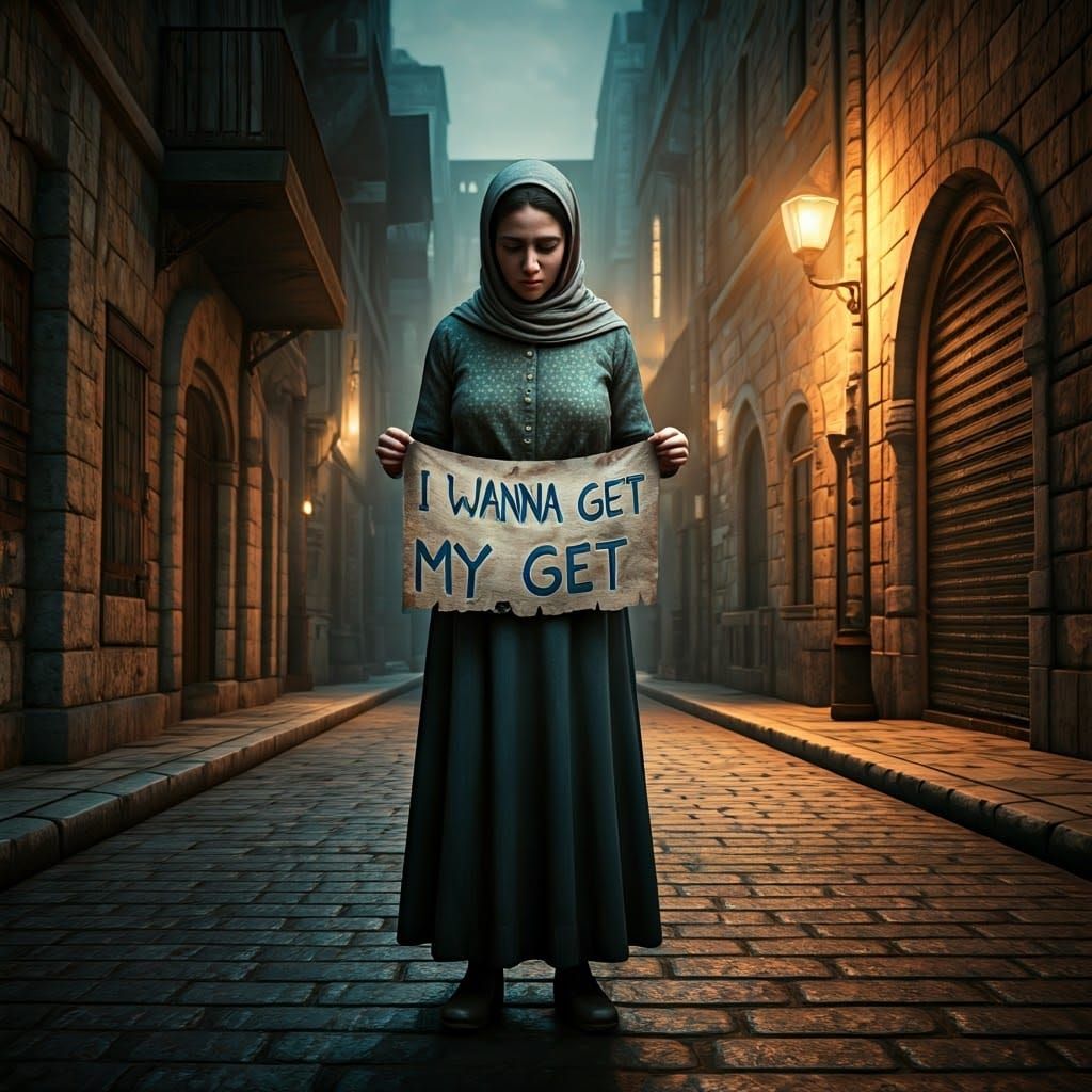 Orthodox Jewish Woman's Sad Protest in Urban Landscape