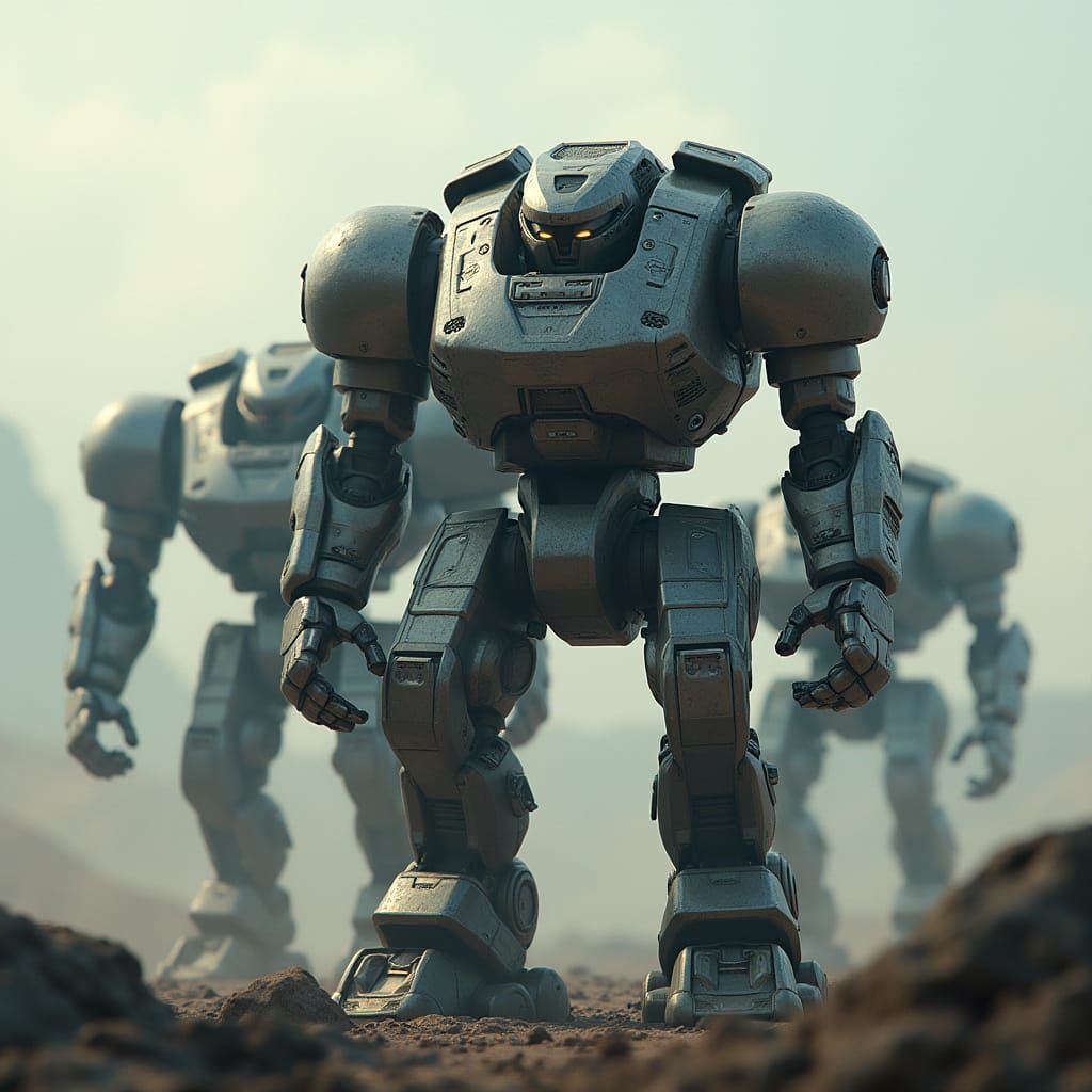 Mechanical Heroes Stand Tall in a Desolate, War-Torn Landsca...