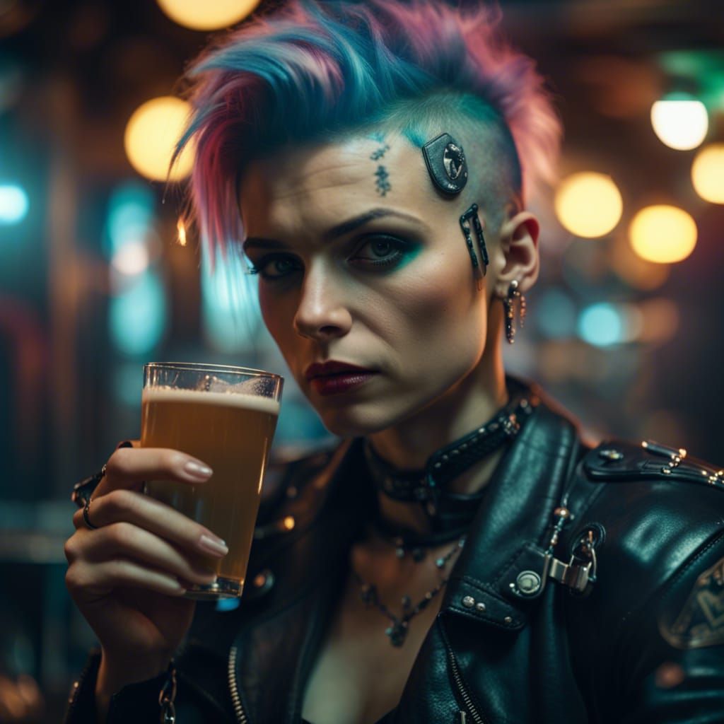 Female Punk in Cyberpunk Biker Bar