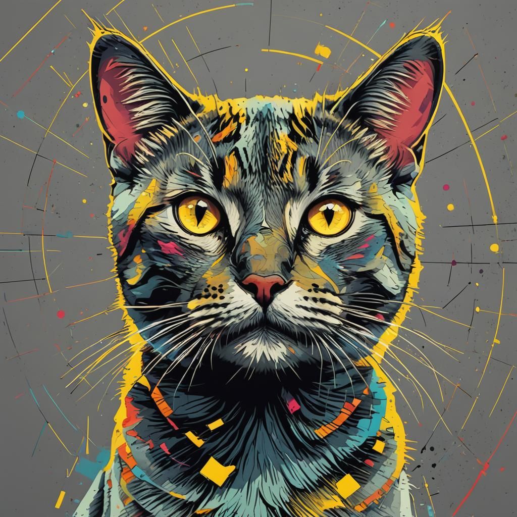 Neon Cat Pop Art in Geometric Bauhaus Style