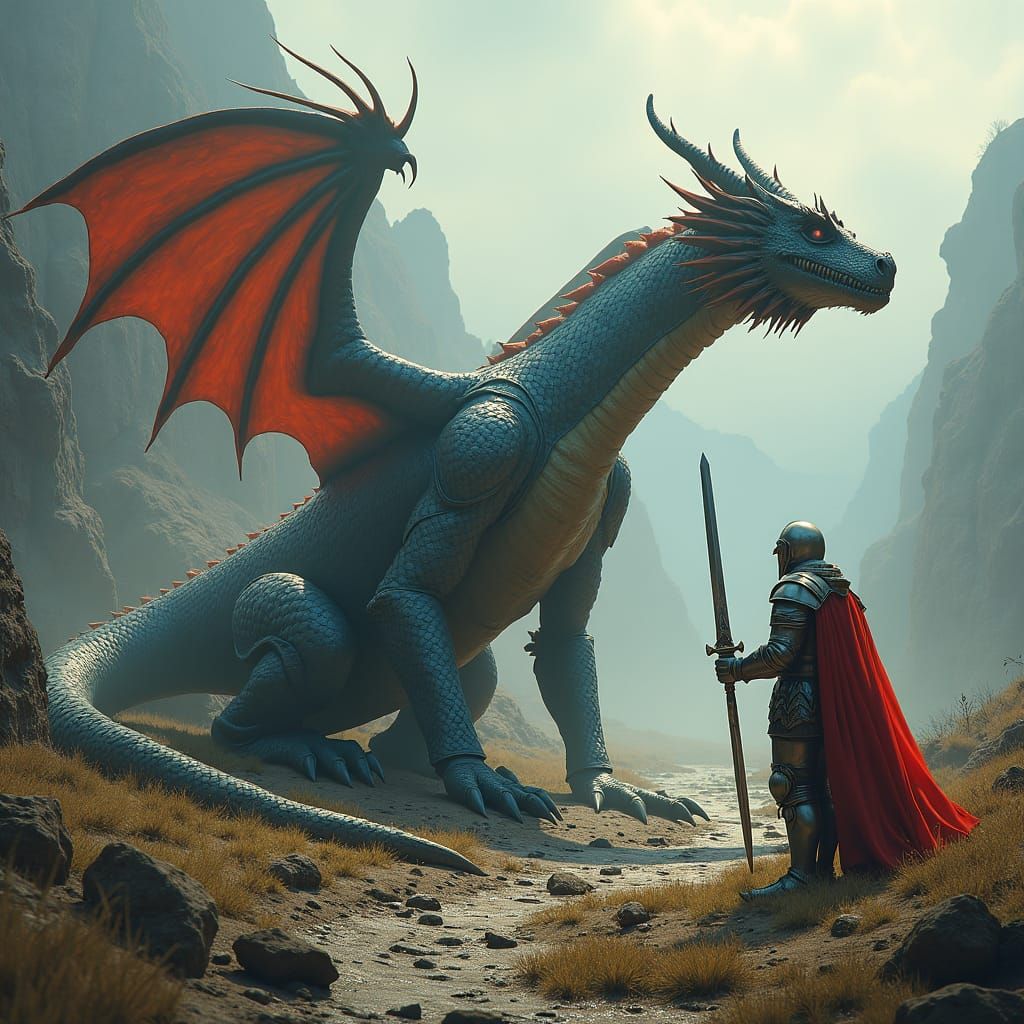 Victorious Knight and Slain Dragon in Dark Fantasy