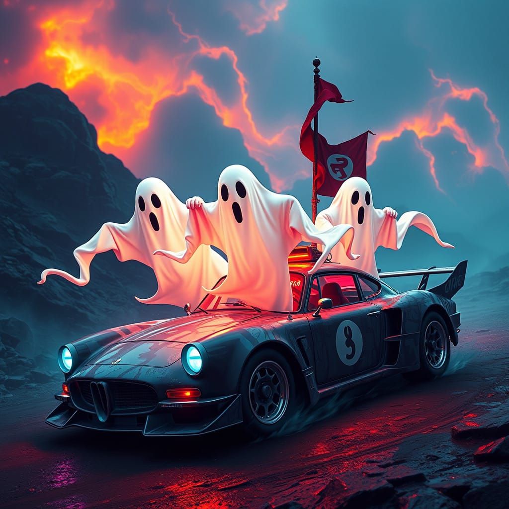 Surreal Dalmatian Flag Car in a Fantastical Realm