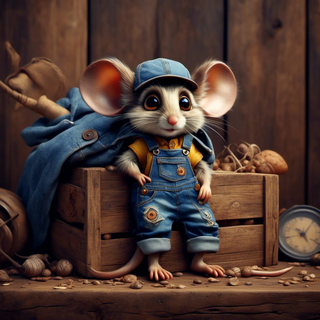 Adorable Mouse with Big Eyes on Rustic Crate