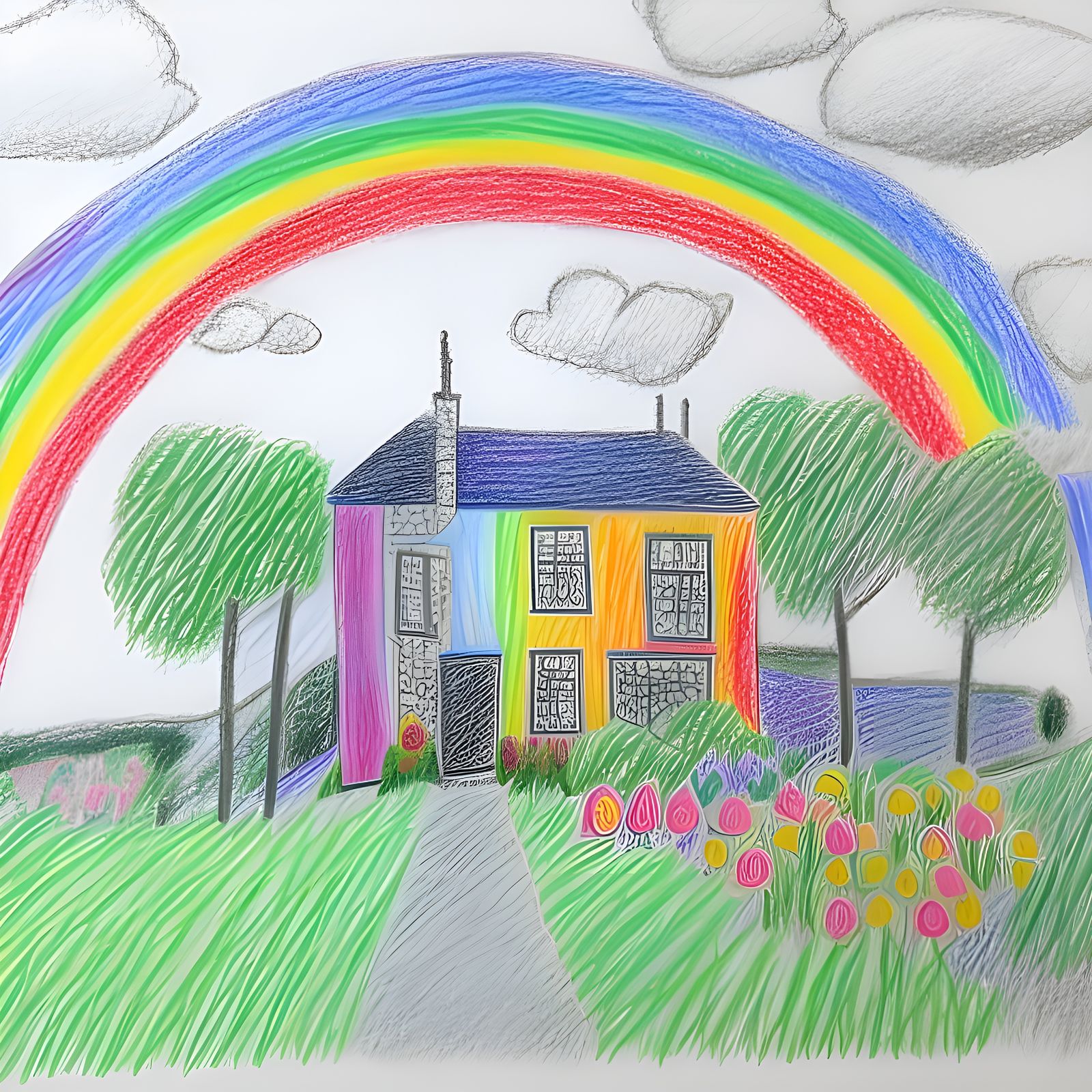 Charming Crayon Drawing of Family Home with Rainbow