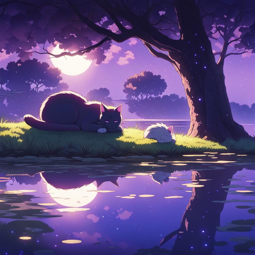 Cat Sleeping Under Tree in Ghibli Anime Style