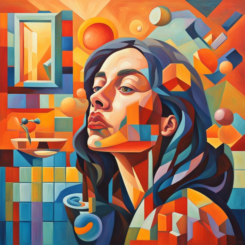 Cubist Portrait in a Surreal Bathroom with Jellyfish