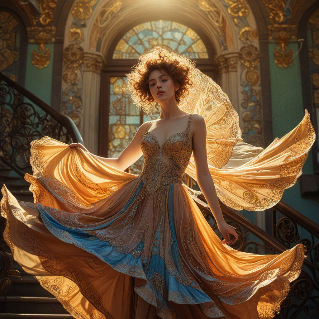 Elegant Woman in Art Nouveau Doorway, Whimsical Rococo Archi...