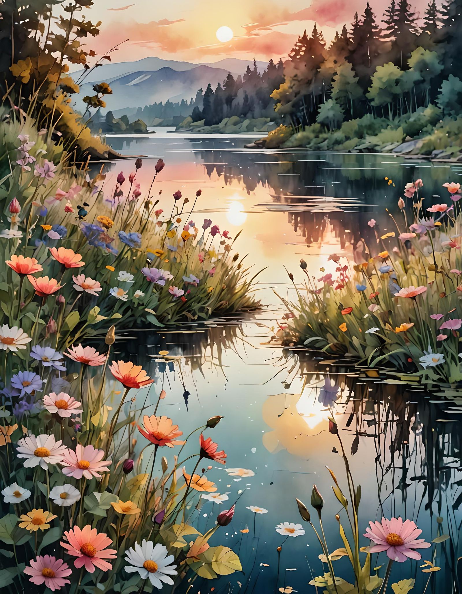 Summer Flowers Beside Lake: Watercolor Illustration