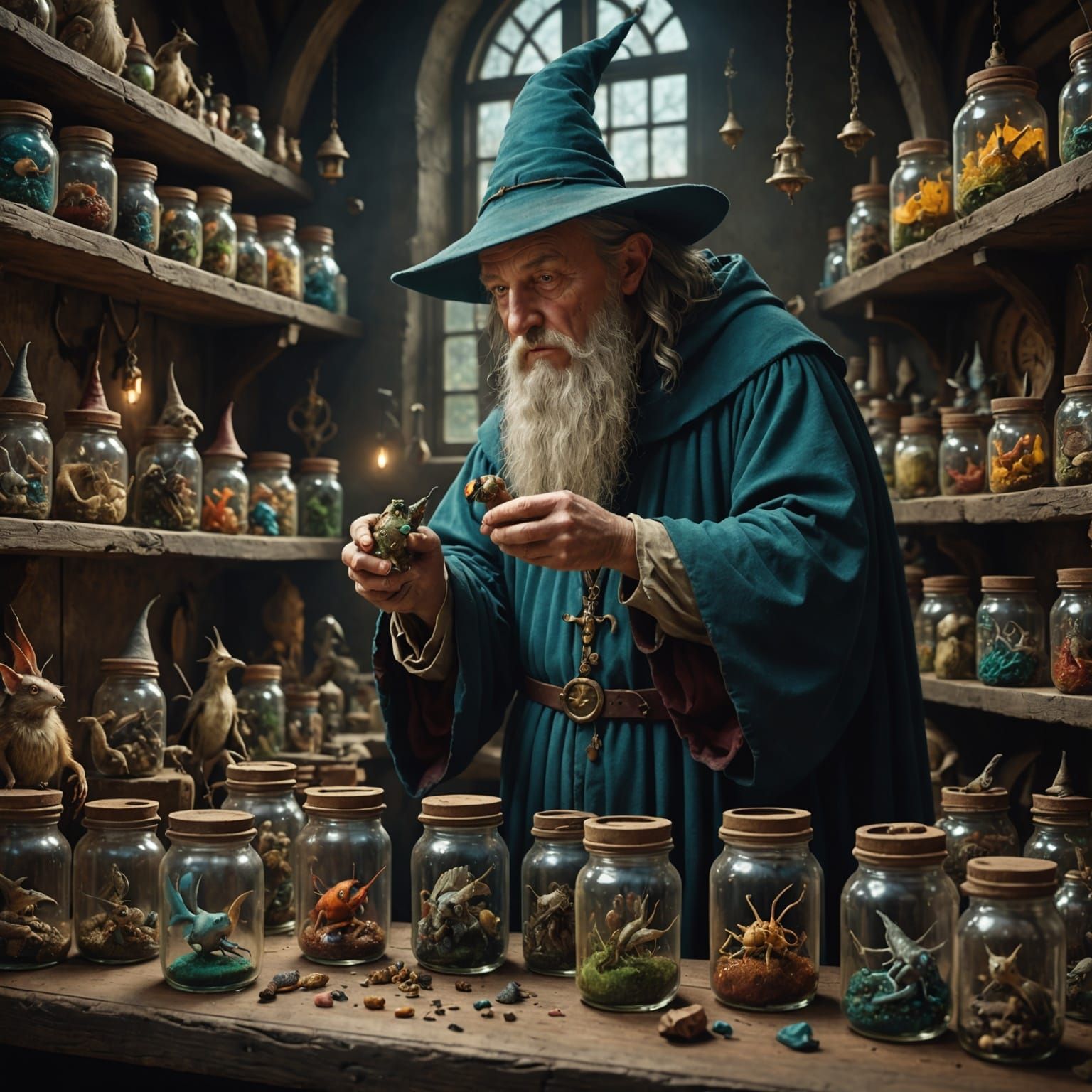 Wizard Inspecting Bizarre Specimen Jars in Mysterious Artwor...
