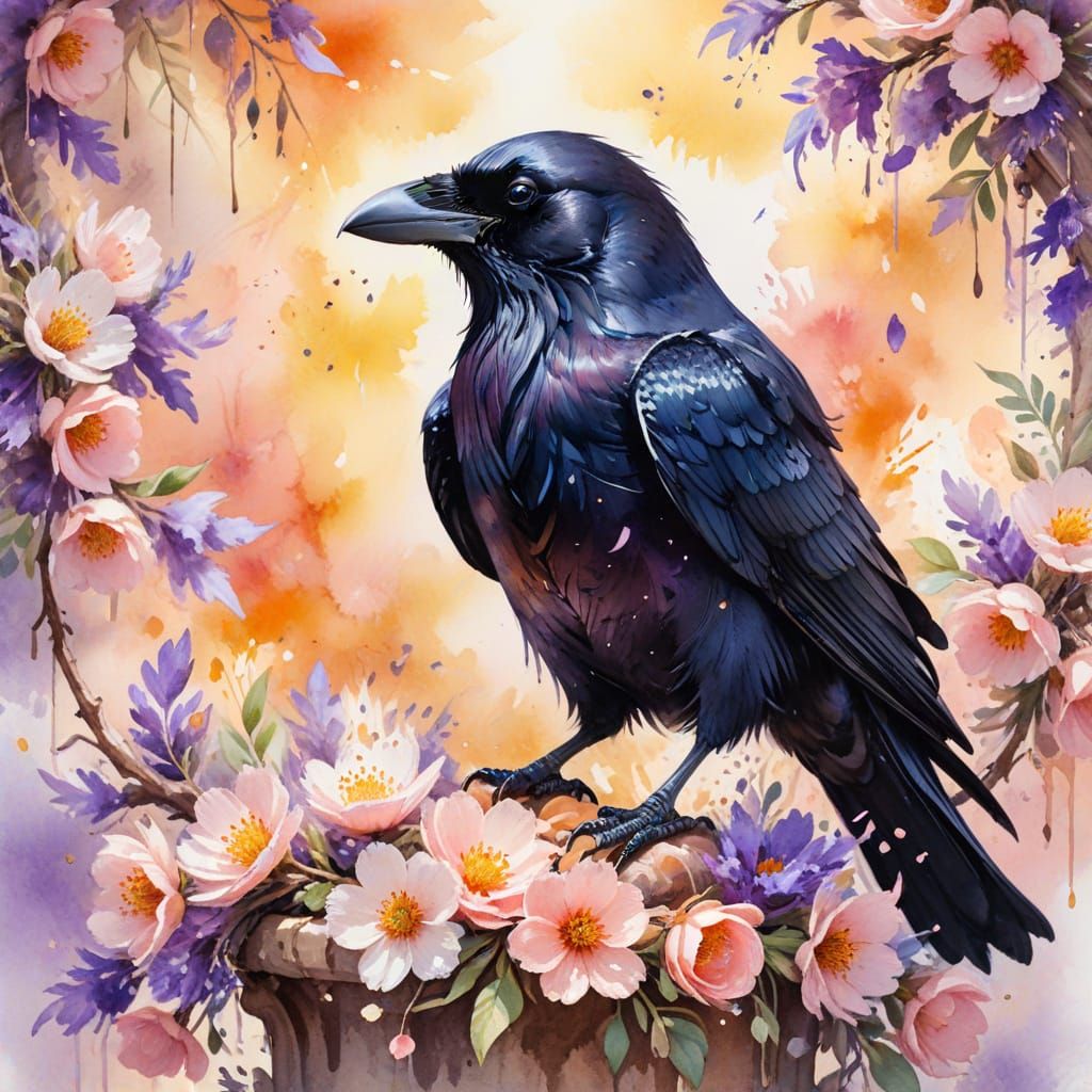 Raven on Flower Throne in Vibrant Watercolor Style