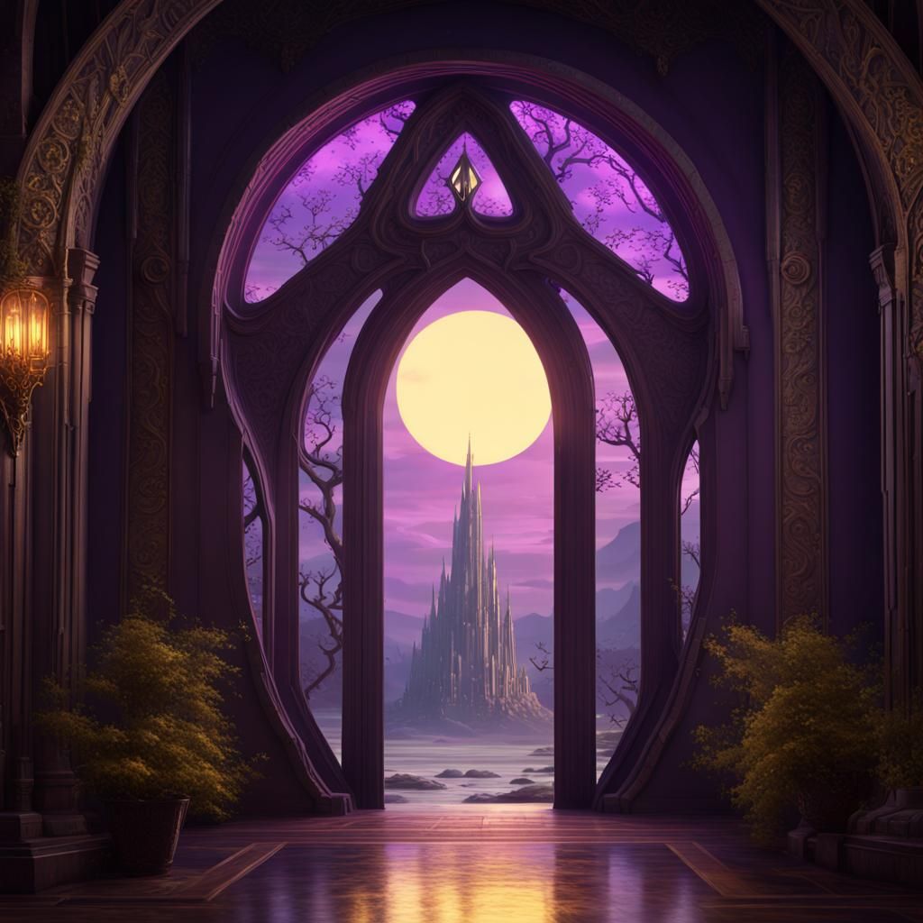 Moon Elf Dark Tower with Portal in Dark Fantasy Style