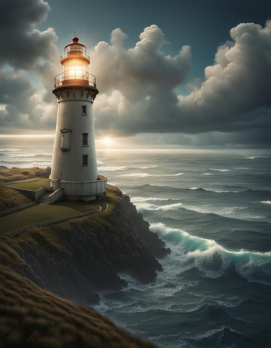 Reflective Glass Lighthouse Overlooking the Ocean