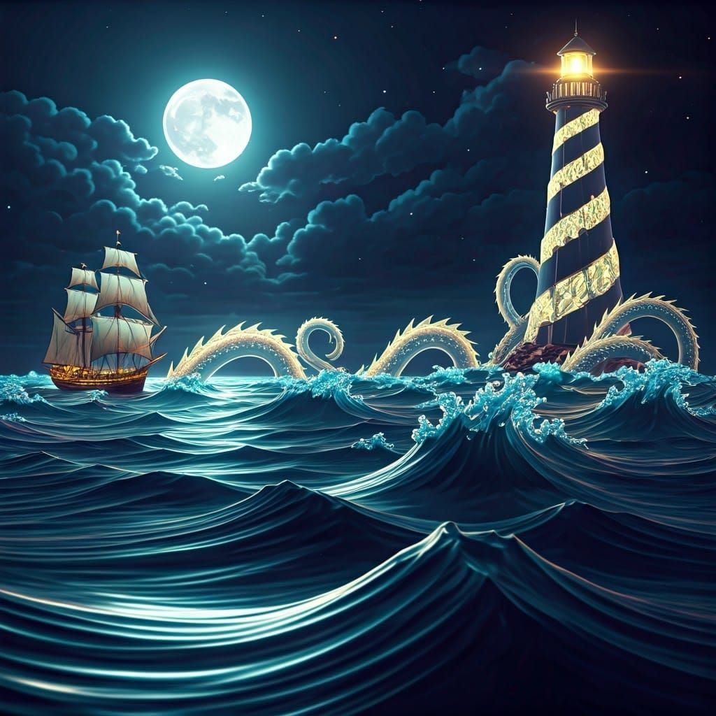 Seascape with luminescent sea serpent